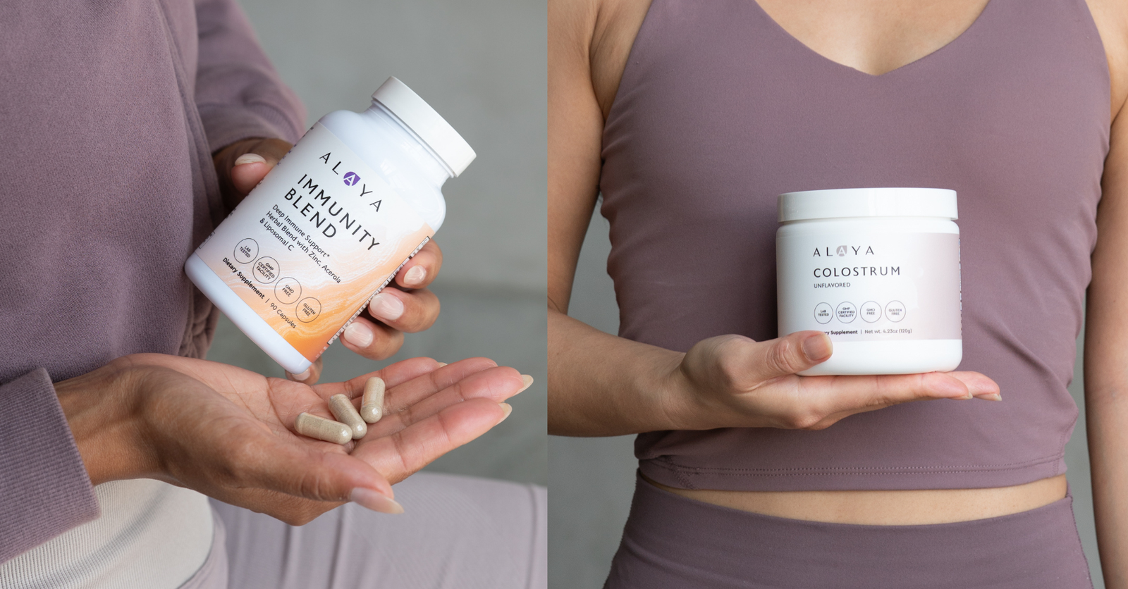 side by side of woman holding immunity and colostrum