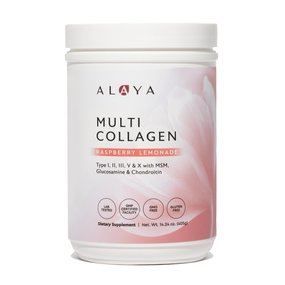 Alaya Multi Collagen Raspberry Lemonade Powder supplement bottle on a white background #flavor_raspberry-lemonade
