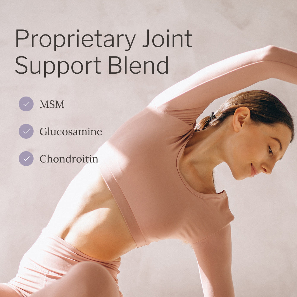 Woman stretching with text about proprietary joint support blend containing MSM, Glucosamine, and Chondroitin on a light background. #flavor_unflavored
