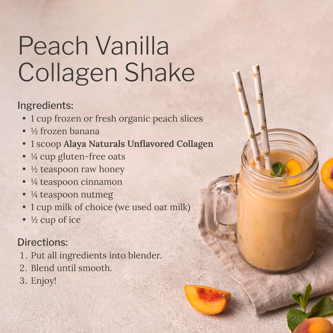 Peach Vanilla Collagen Shake recipe with a glass of shake and ingredients listed. 