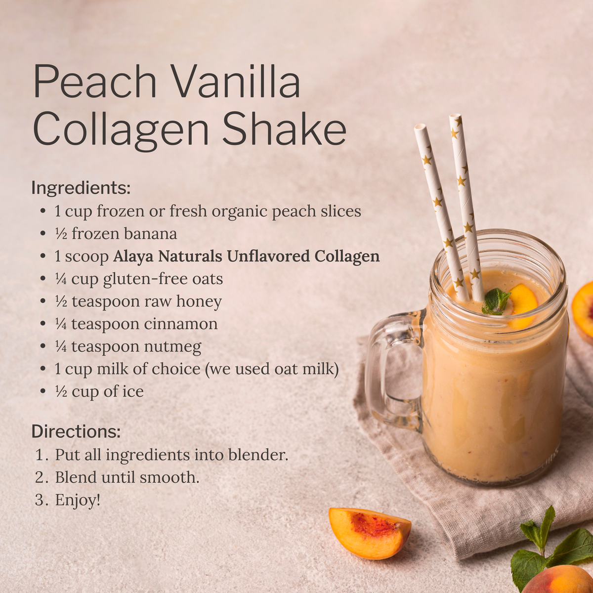 Peach Vanilla Collagen Shake recipe with a glass of shake and ingredients listed. #flavor_unflavored