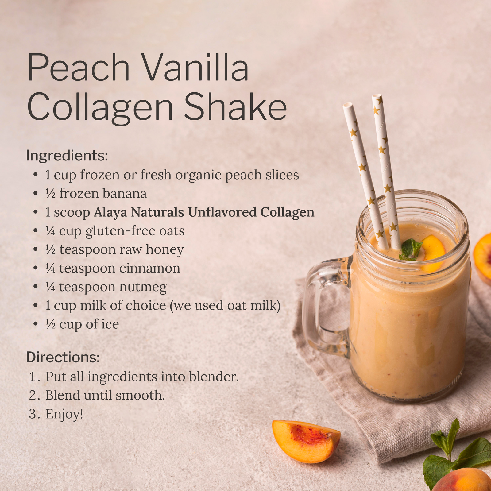 Peach Vanilla Collagen Shake recipe with a glass of shake and ingredients listed. #flavor_unflavored