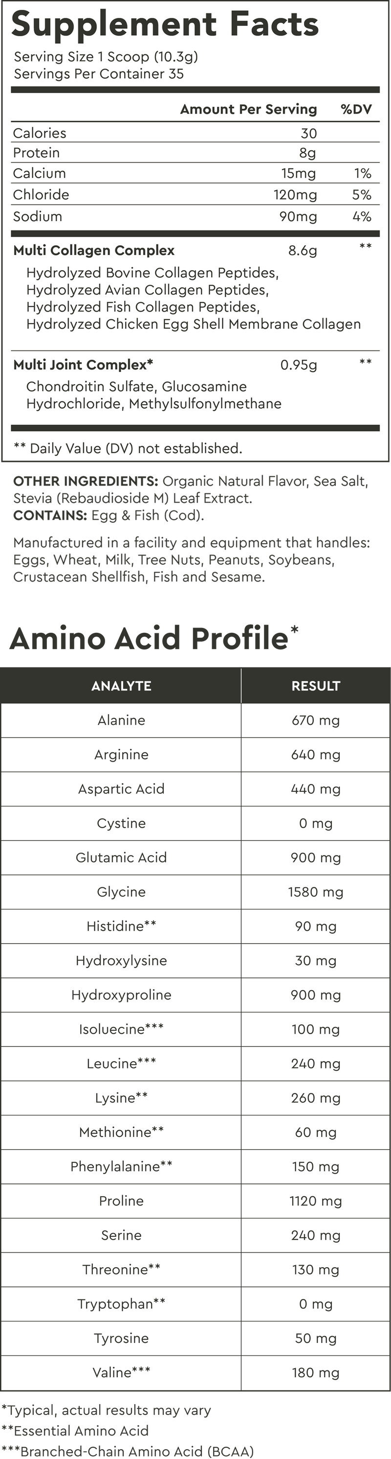 Supplement Facts for Vanilla / Large