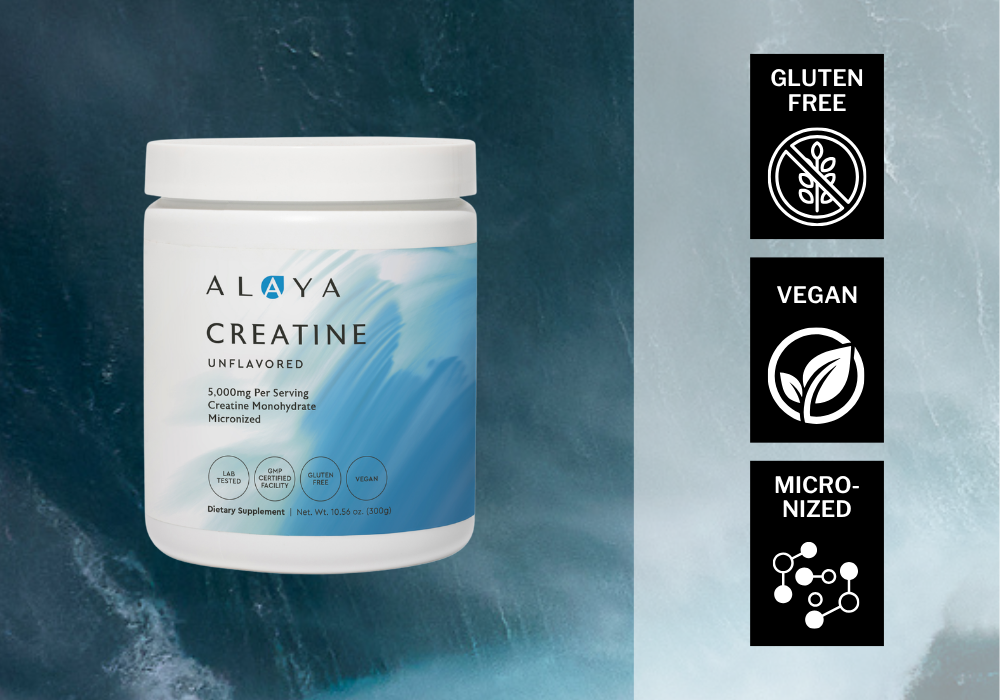 Alaya Creatine supplement container with certification icons on a dark blue background. Gluten Free, Vegan, Micronized